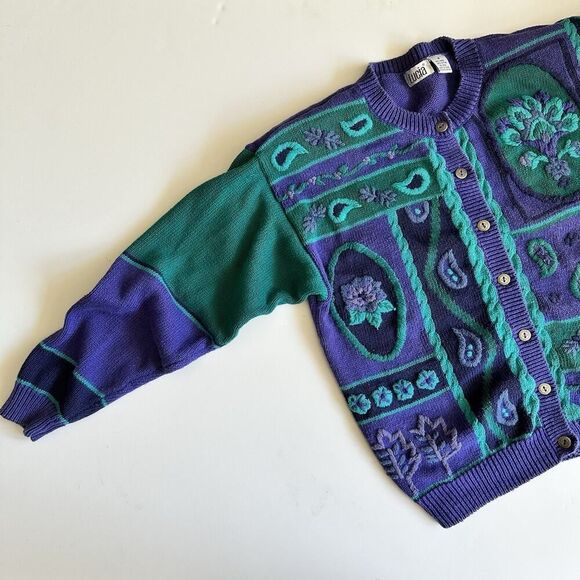 Vintage Lucia Cardigan Sweater Textured Knit Paisley Cottagecore Gran Womens M - Picture 1 of 11